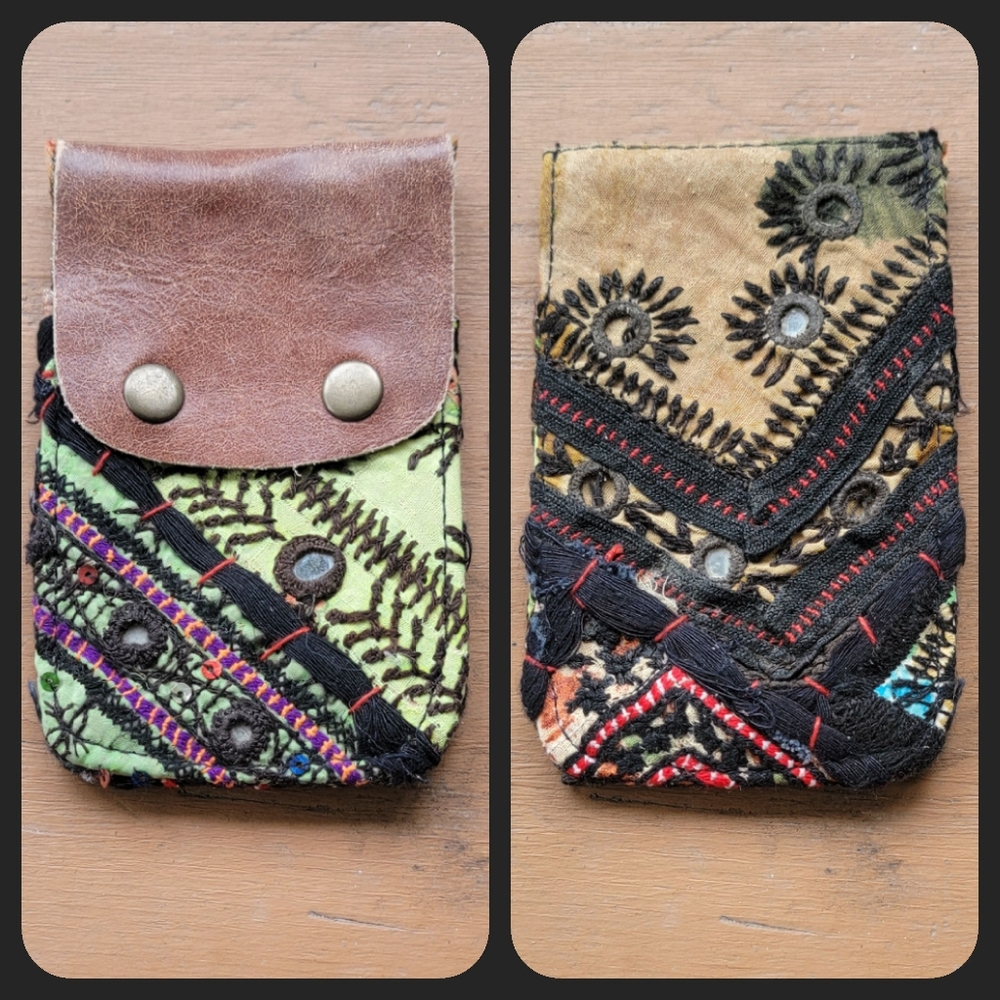 🧠🍳 Free People Boho Embroidered Repurposed vtg banjara hippie Wallet card case